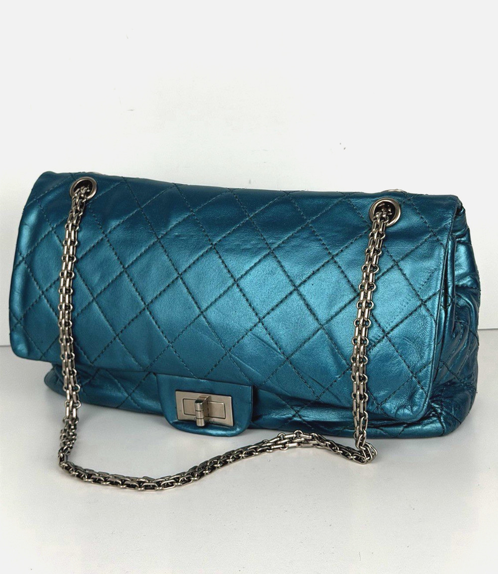 Chanel 2.55 Reissue Jumbo Double Flap Bag in Blue Metallic Leather 2003-2004 C-1